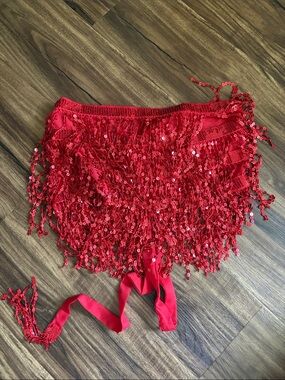 Red Sequined Fringe Belly Dance Hip Scarf